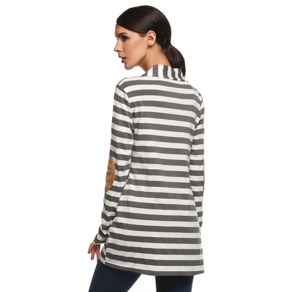 Gray & White Striped Cardigan with Elbow Patches - Picture 5 of 15